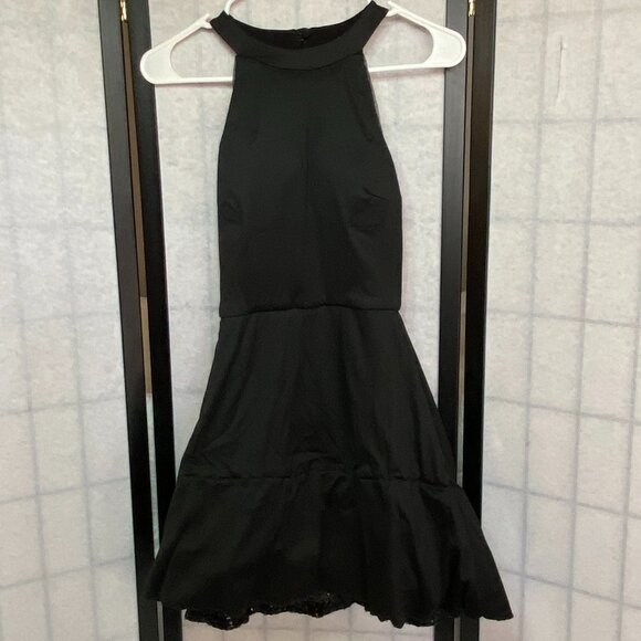 B Darlin Sequin High Neck Halter Open Back Ruffle Hem Mini Dress Black - Picture 7 of 15